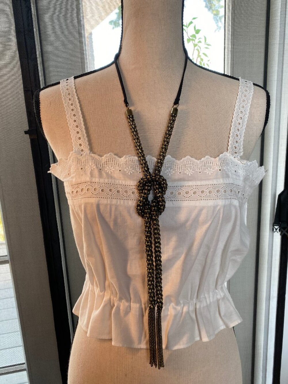 Vintage Gold-tone Mesh Lariat Fixed Knot Necklace with Beaded Fringe Tassels